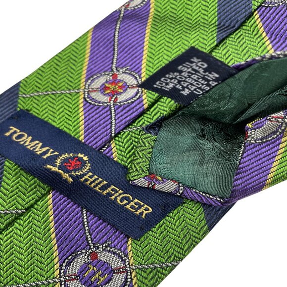 Tommy Hilfiger Silk Tie Striped Green Purple Vintage 90's - Picture 4 of 6